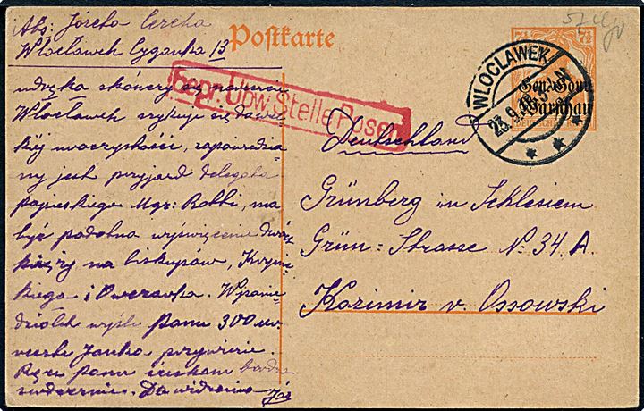 Gen. Gouv. Warschau. 7½ pfg. provisorisk helsagsbrevkort fra Wloclawek d. 23.9.1918 til Grünberg, Tyskland. Rødt censurstempel fra Posen.
