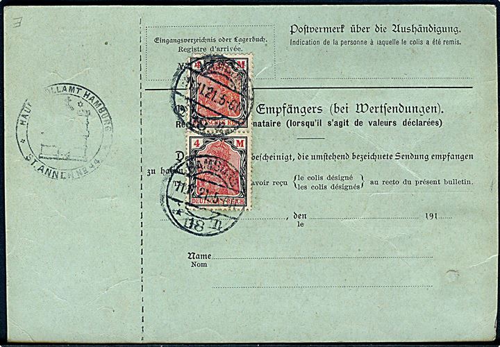 20 mk. Plovmand og 4 mk. Germania i parstykke på for- og bagside af internationalt adressekort for pakke fra Hamburg d. 11.11.1921 via Fredericia til Skive, Danmark.