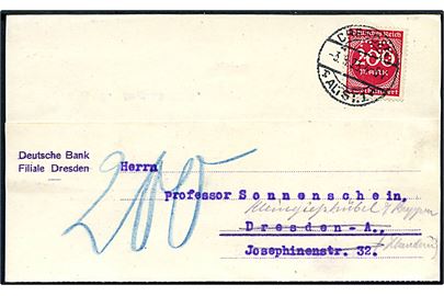 200 mk. infla udg. med perfin BD på lokalt brevkort fra Deustche Bank i Dresden d. 3.2.1923 - eftersendt til Kleingeisshübel og udtakseret i 200 mk. porto.