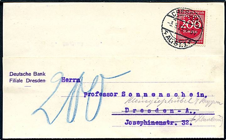 200 mk. infla udg. med perfin BD på lokalt brevkort fra Deustche Bank i Dresden d. 3.2.1923 - eftersendt til Kleingeisshübel og udtakseret i 200 mk. porto.