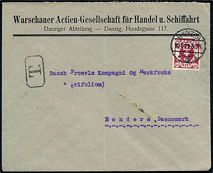 60 pfg. Våben på underfrankeret brev fra Warschauer Actien-Gesellschaft für Handel u. Schiffahrt i Danzig d. 10.9.1921 til Randers, Danmark. Sort T portostempel, men ingen dansk portopåtegning.