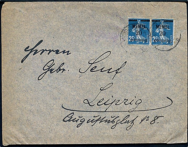 20 pfg./25 c. Memel provisorium i parstykke på brev fra Heydekrug d. 29.1.192? til Leipzig, Tyskland.