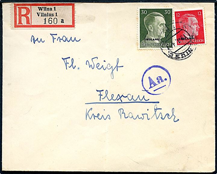 12 pfg. og 30 pfg. Hitler Ostland provisorium på anbefalet brev fra Vilnius d. 19.1.1944 til Flexau. Passér stemplet Aa ved den tyske censur i Königsberg.