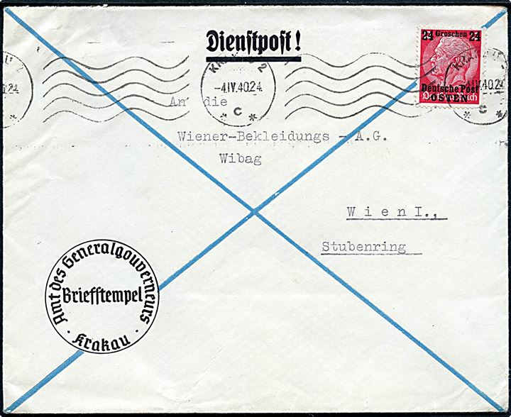 24 gr./12 pfg. Hindenburg Deutsche Post Osten provisorium på tjenestebrev fra Krakau d. 4.4.1940 til Wien.
