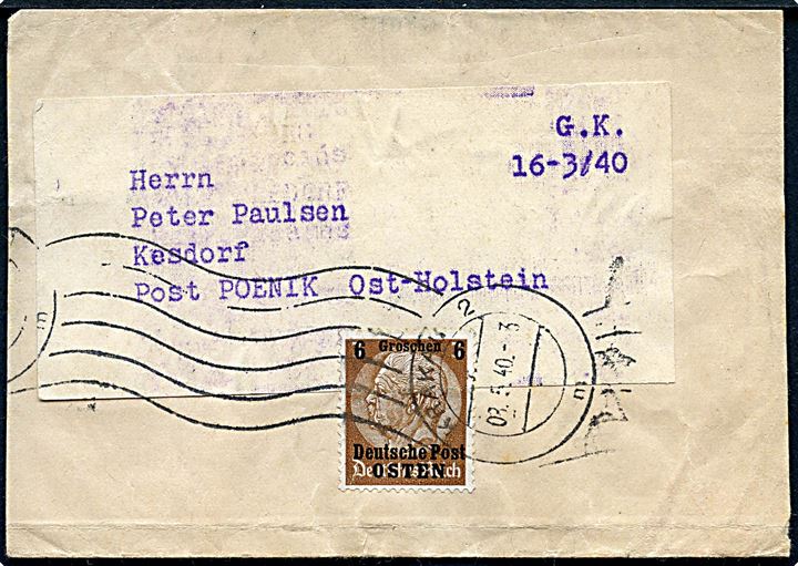 6 gr./3 pfg. Hindenburg Deutsche Post Osten på korsbånd sendt som tryksag fra Krakau d. 3.5.1940 til Kesdorf, Tyskland.