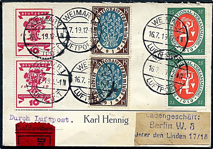 10 pfg., 15 pfg. og 25 pfg. Weimar udg. i parstykker på 1 mk. frankeret luftpost ekspresbrev stemplet Weimar Luftpost d. 16.7.1919 til Berlin.