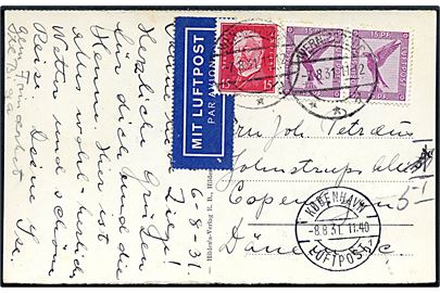 15 pfg. Luftpost i par og 15 pfg. Hindenburg på luftpost brevkort fra Wernigerode d. 7.8.1931 til København, Danmark. Ank.stemplet København Luftpost sn1 d. 8.8.1931.