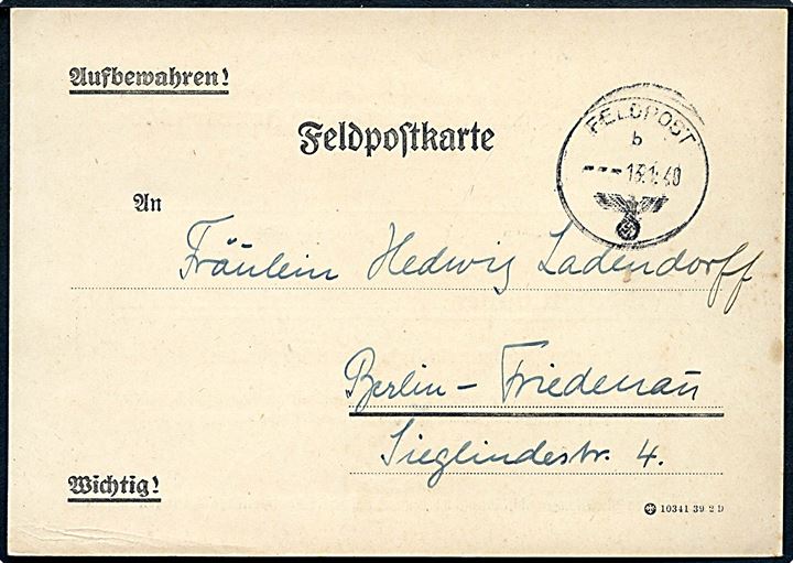 Ufrankeret fortrykt meddelelseskort om feltpostadresse pr. 20.1.1940 stemplet Feldpost b d. 13.1.1940 til Berlin. Udfyldt af soldat ved feldpostnummer 06742C =  5. Kompanie Infanterie-Regiment 67.