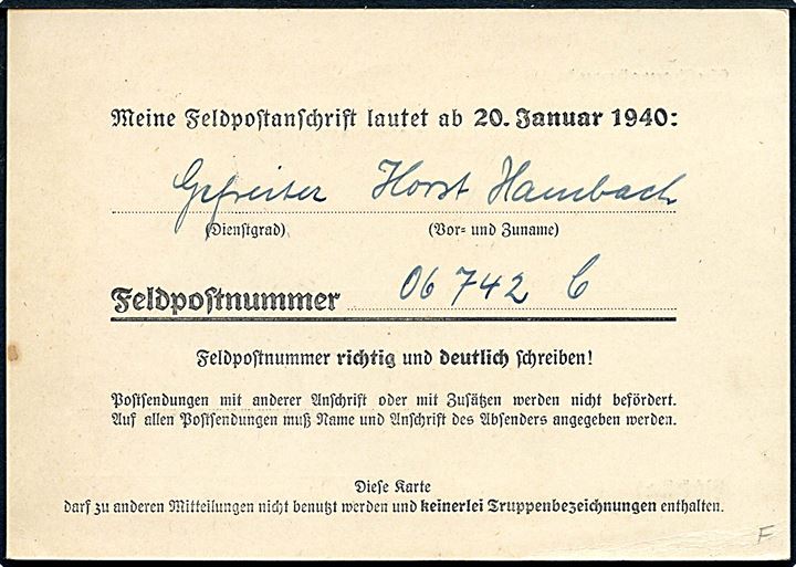 Ufrankeret fortrykt meddelelseskort om feltpostadresse pr. 20.1.1940 stemplet Feldpost b d. 13.1.1940 til Berlin. Udfyldt af soldat ved feldpostnummer 06742C =  5. Kompanie Infanterie-Regiment 67.