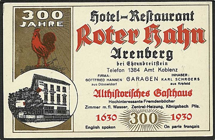 Reklamekort for hotel Roter Hahn i Arenberg, Tyskland. U/no.