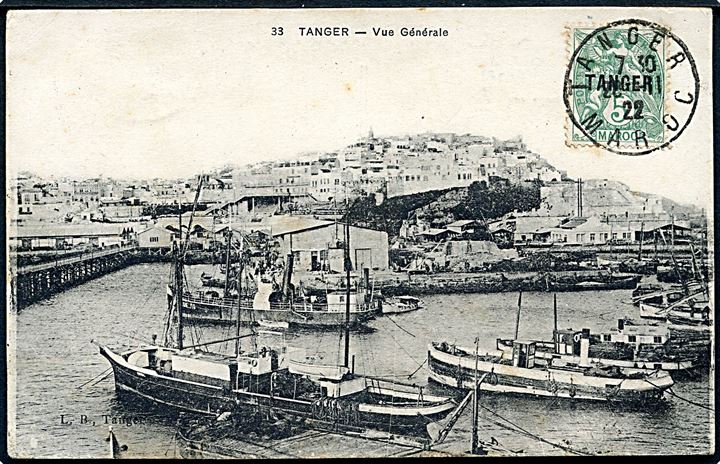 5 c. Tanger provisorium på billedside af brevkort (Havnen i Tanger med skibe) stemplet Tanger Maroc d. 28.11.1928 til Frankrig.