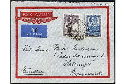 3d og 6d George V på luftpostbrev fra Lagos d. 24.2.1937 til Helsingør, Danmark. På bagsiden transit stemplet København - Warnemünde T.1000 d. 4.3.1937.