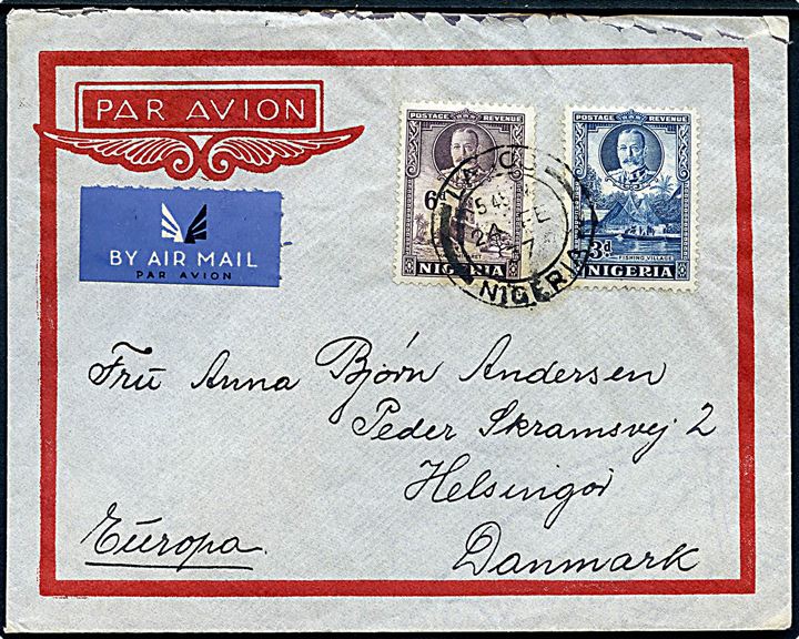 3d og 6d George V på luftpostbrev fra Lagos d. 24.2.1937 til Helsingør, Danmark. På bagsiden transit stemplet København - Warnemünde T.1000 d. 4.3.1937.