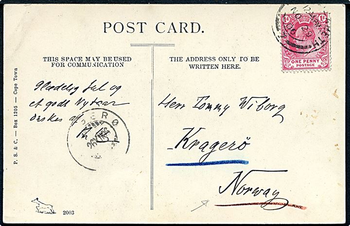 1d Edward VII på brevkort (Intombi pige) fra Port Elizabeth d. 29.11.1906 til Kragerø, Norge. Ank.stemplet d. 26.12.1906.