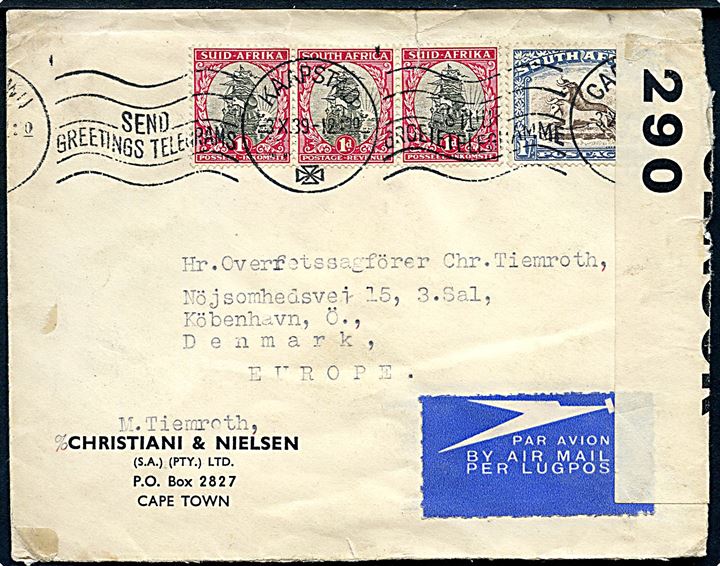 1 sh. 3d blandingsfrankeret luftpostbrev fra firma Christani & Nielsen i Cape Town d. 3.10.1939 til København, Danmark. Åbnet af tidlig britisk censur PC66/290