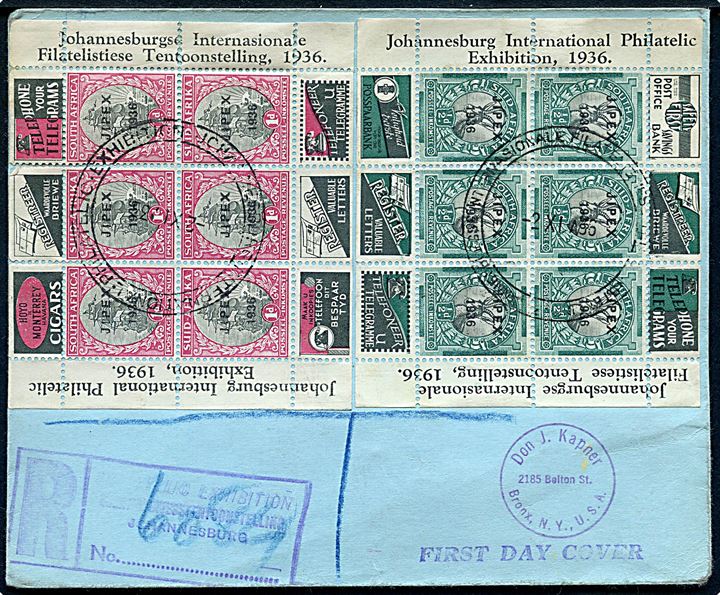 ½d og 1d JIPEX blok udg. på anbefalet brev annulleret med udstillingsstempel i Johannesburg d. 2.11.1936 til New York, USA.