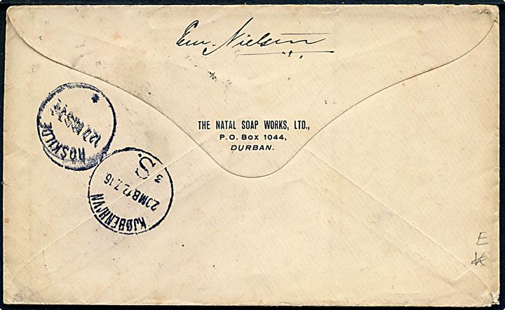 ½d (3) og 1d George V på brev fra Durban d. 11.6.1916 til Sundby, København, Danmark. Fejlsendt til Roskilde. Blåt lokalt sydafrikansk censurstempel.