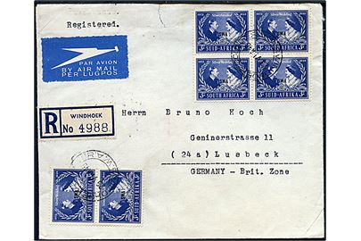 3d Silver Wedding S.W.A. provisorium i 2-sproget parstykke og fireblok på anbefalet luftpostbrev fra Windhoek d. 29.6.1948 til Lübeck, Tyskland.