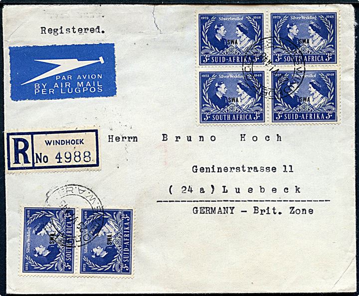 3d Silver Wedding S.W.A. provisorium i 2-sproget parstykke og fireblok på anbefalet luftpostbrev fra Windhoek d. 29.6.1948 til Lübeck, Tyskland.