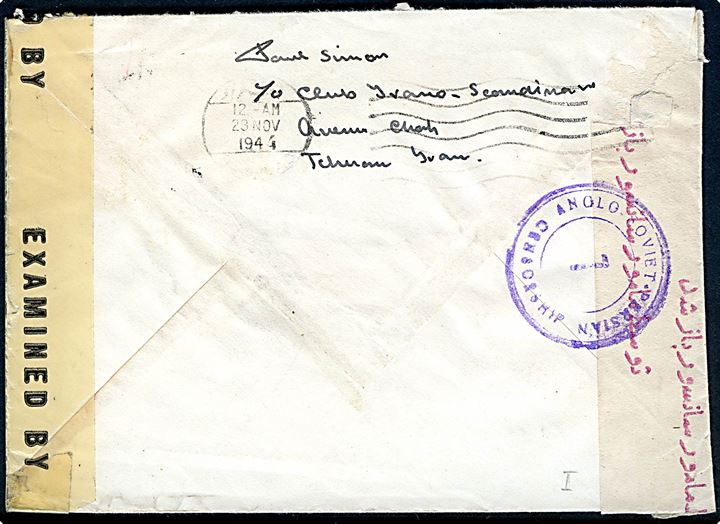 2,50 R. og 10 R. på luftpostbrev fra den Skandinavisk-Iranske Klub i Teheran d. 21.11.1944 til New York, USA. Åbnet af Engelsk-Sovjetisk-Persisk censur og amerikansk censur no. 6753.