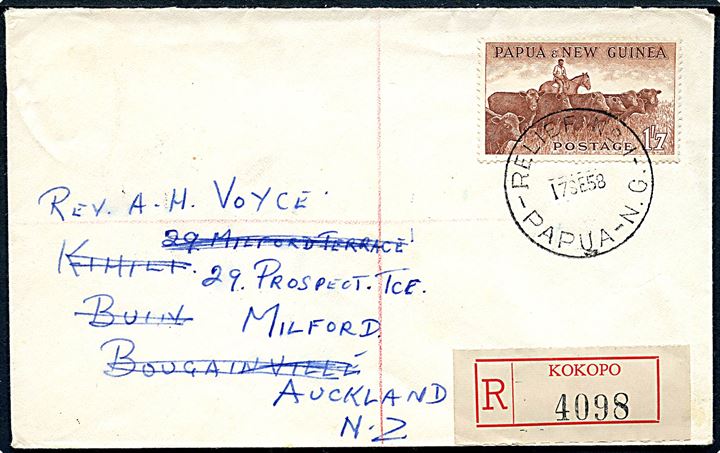 1'7 sh. single på anbefalet brev fra Kokopo annulleret med hjælpestempel Relief No. 1 Papur N.G. d. 17.9.1958 via Rabaul og Sydnew til New Zealand.