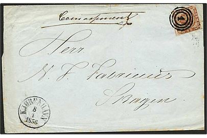 4 sk. 1854 udg. på brev annulleret med nr.stempel 1 og sidestemplet Kjøbenhavn d. 8.1.1856 til Skagen.