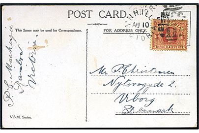 1½d Victoria på brevkort stemplet NHill Victoria d. 10.8.1907 til Viborg, Danmark.