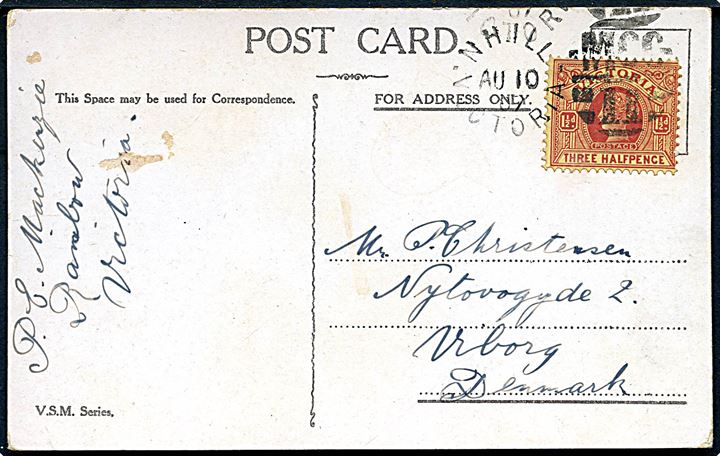 1½d Victoria på brevkort stemplet NHill Victoria d. 10.8.1907 til Viborg, Danmark.