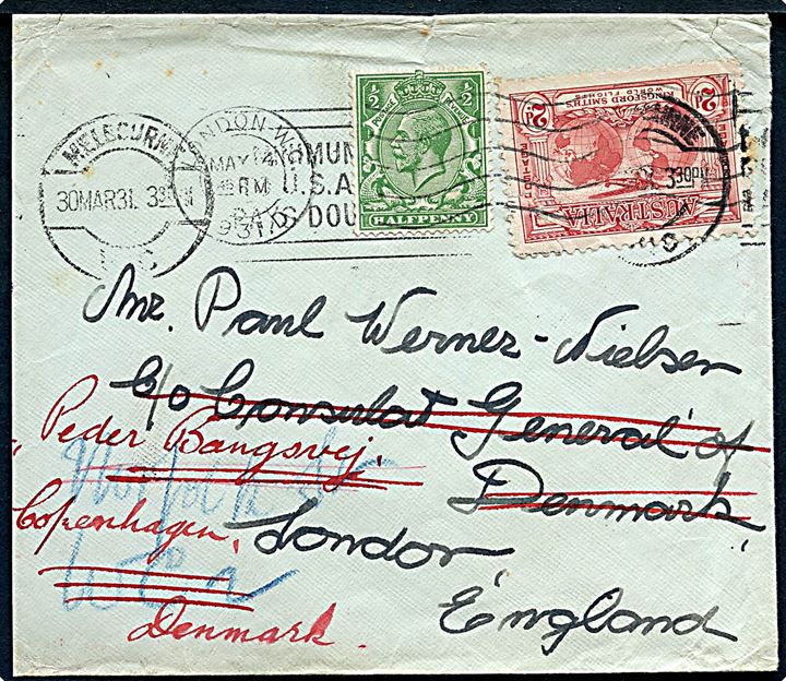 2d Kingsford Smith's World Flight på brev fra Melbourne d. 30.3.1931 til det danske generalkonsulat i London, England - opfrankeret med engelsk ½d George V og eftersendt til København, Danmark. Let afkortet i venstre side.