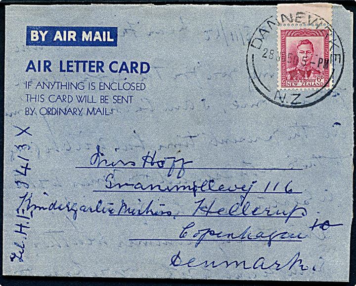 6d George VI på Air Letter Card stemplet Dannevirke N.Z. d. 28.11.1950 til København, Danmark.