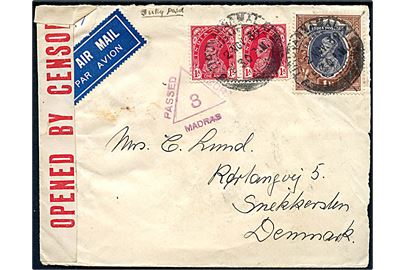 ½ anna, 1 anna (par), 3 annas og 1 R. George VI på for- og bagside af luftpostbrev fra den danske mission i Tiruvannamalai d. 2.11.1939 til Snekkersten, Danmark. Åbnet af indisk censur i Madras.