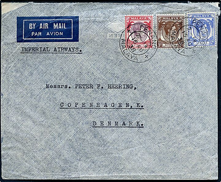 5 c., 12 c. og 25 c. George VI på luftpostbrev noteret Imperial Airways fra Penang d. 16.8.1938 til København, Danmark.