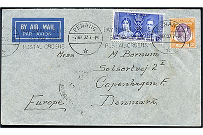 12 c. Coronation og 30 c. George VI på luftpostbrev fra Renang d. 7.12.1937 via Le Bourget til København, Danmark.