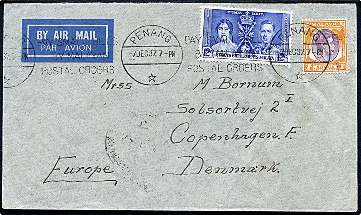 12 c. Coronation og 30 c. George VI på luftpostbrev fra Renang d. 7.12.1937 via Le Bourget til København, Danmark.
