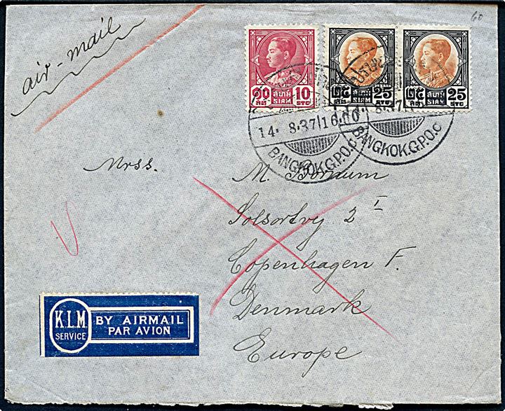 10 stc. og 25 stc. (par) på luftpostbrev fra Bangkok d. 14.8.1937 til København, Danmark.