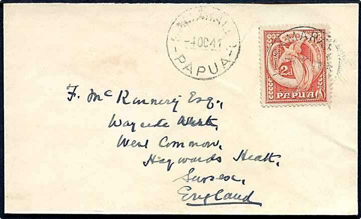 2d single på brev stemplet Samarai E.D. Papua d. 4.10.1941 til Sussex, England.