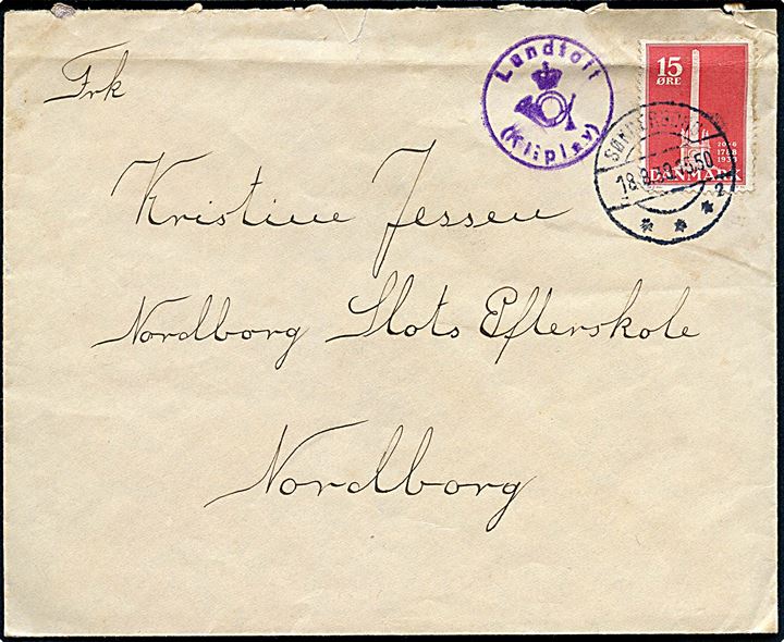 15 øre Stavnsbånd på brev annulleret Sønderborg d. 18.9.1939 og sidestemplet med posthornstempel Lundtoft (Kliplav) til Nordborg på Als.