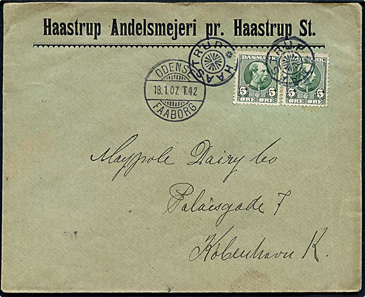 5 øre Chr. IX i parstykke på fortrykt kuvert fra Haastrup Andelsmejeri annulleret med stjernestempel HAASTRUP og sidestemplet bureau Odense - Faaborg T.42 d. 18.1.1907 til Kjøbenhavn. Smukt brev med stempel som kun kendes anvendt i ca. ½ år.