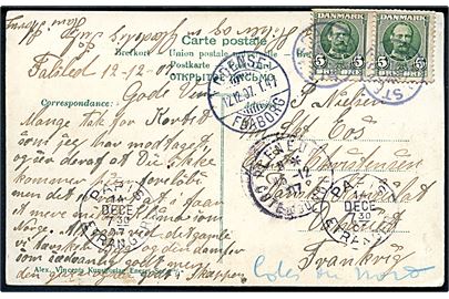 5 øre Fr. VIII på brevkort (Fodexersits, A. Vincent serie 65/1) fra Falsled annulleret med stjernestempel STENSGAARD og sidestemplet bureau Odense - Faaborg T.47 d. 12.12.1907 sømand ombord på den danske 3/m skonnert Eos i Frankrig - eftersendt.