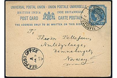 1 anna Victoria helsagsbrevkort stemplet Simla Calcutta d. 5.1.1905 til Hemnaberget, Norge. Transit stemplet Sea Post Office A d. 7.1.1905. Skibspost stempel benyttet ombord på S/S Arabica.