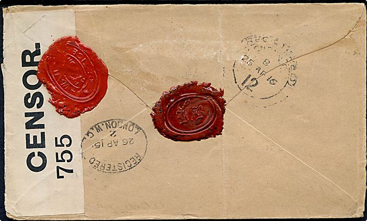 35 öre Gustaf single på anbefalet brev fra Linköping d. 17.4.1916 til London, England. Åbnet af britisk censur no. 755 med laksegl: WAR OFFICE / POSTAL CENSOR. Åbnet 3 sider.