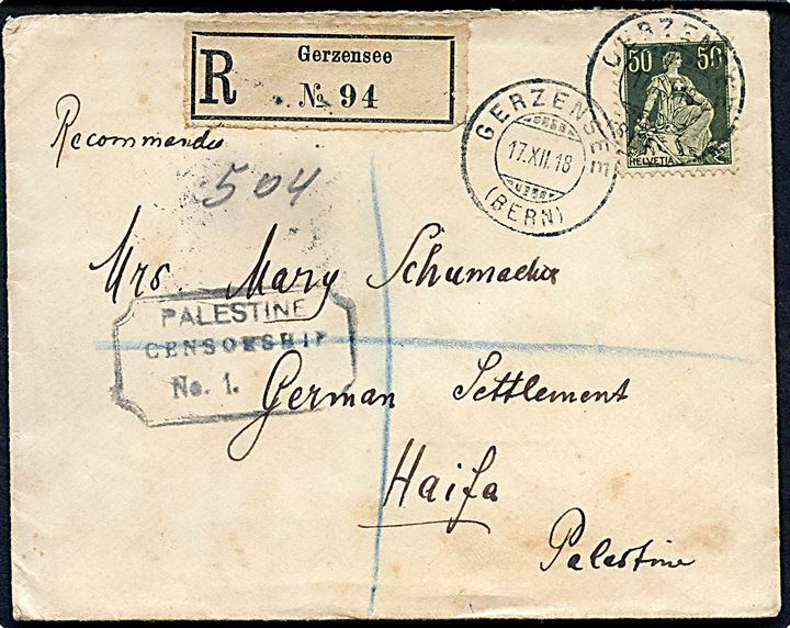50 c. single på anbefalet brev fra Gersensee d. 17.12.1918 via London til German Settlement, Haifa, Palestine. Åbnet af britisk censur no. 4969 og ank.stemplet Field Post Office GM 1 (= Haifa) d. 21.1.1919 og 22.1.1919. Censurstempel: Palestine Censorship No. 1.