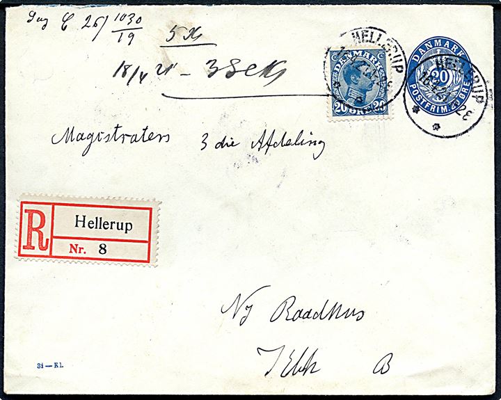 20 øre helsagskuvert (fabr. 31-Kl.) opfrankeret med 20 øre Chr. X sendt som lokalt anbefalet brev fra Hellerup d. 16.4.1921 til København.