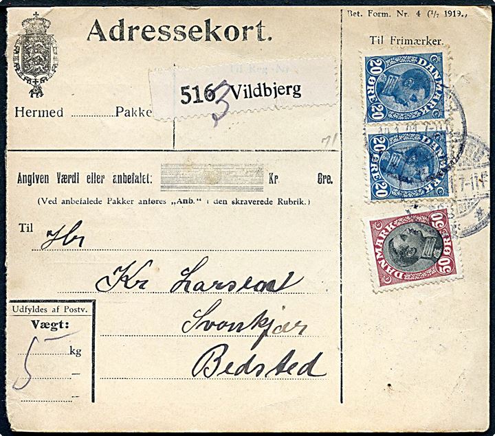 20 øre (par) og 50 øre Chr. X på adressekort for pakke fra Vildbjerg d. 14.1.1921 til Bedsted.