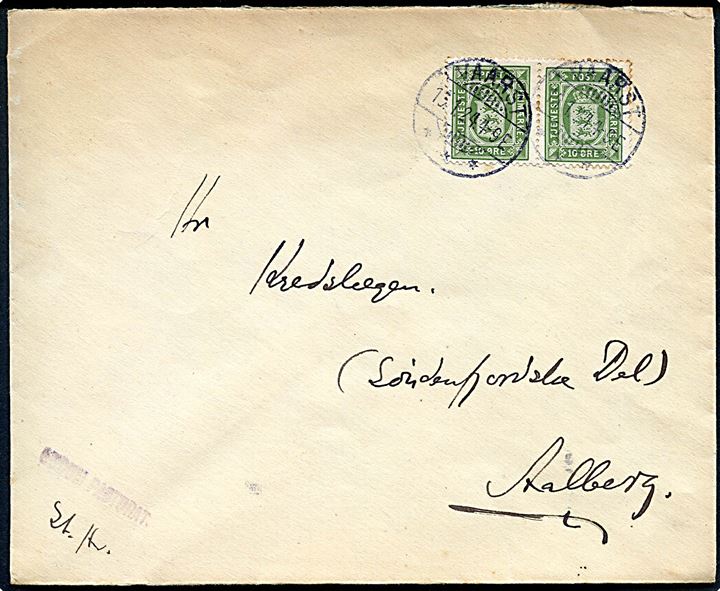 10 øre Tjenestemærke i parstykke på brev fra Vaarst d. 13.1.1924 til Aalborg.
