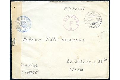 Ufrankeret feltpostbrev stemplet Turku Åbo d. 30.8.1941 til Stockholm, Sverige. Violet stempel Fältpost F. og åbnet af finsk censur no. 108. Fuldt indhold skrevet på svensk. Sendt fra Korp. ved KpK 7/1390 (= 2./VP 2).