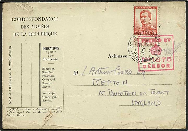 Belgisk 10 c. på feltpost brevkort annulleret med britisk feltpost stempel Field Post Office 11 d. 30.1.1915 til Repton, England. Rød unit censor No. 1675.