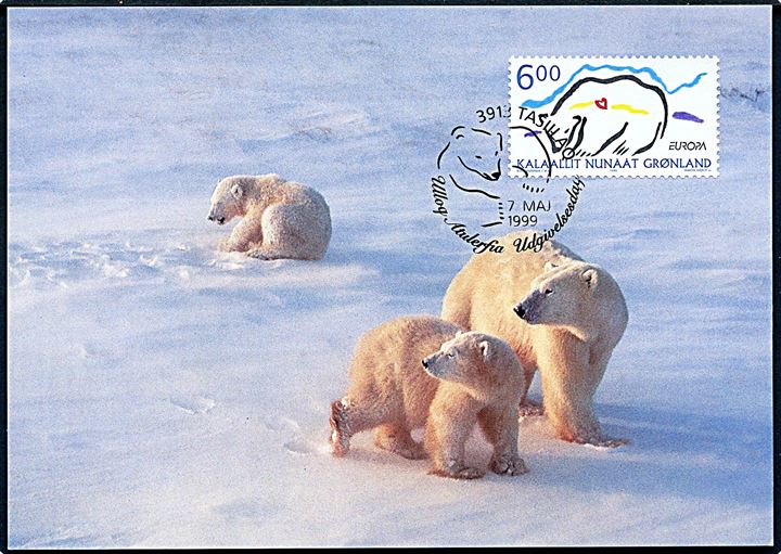 Grønland. Isbjørnemor med unger. Post Greenland Bet. 124/99. 