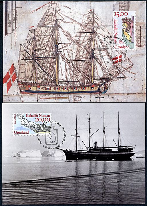 Grønland. 2 postkort med skibe. Blaahejren, Orlogsmuseet 1734 & Gertrud Rask i Saqqaq 1923., Det Kongelige Bibliotek. Grønlands Postvæsen Bet. 81/96 & 82/96. 