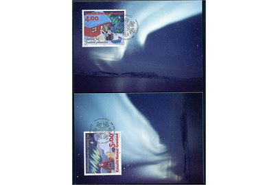 Grønland. 2 postkort med Nordlys Narssaq. Grønlands Postvæsen Bet. 55/94 & 56/94. 